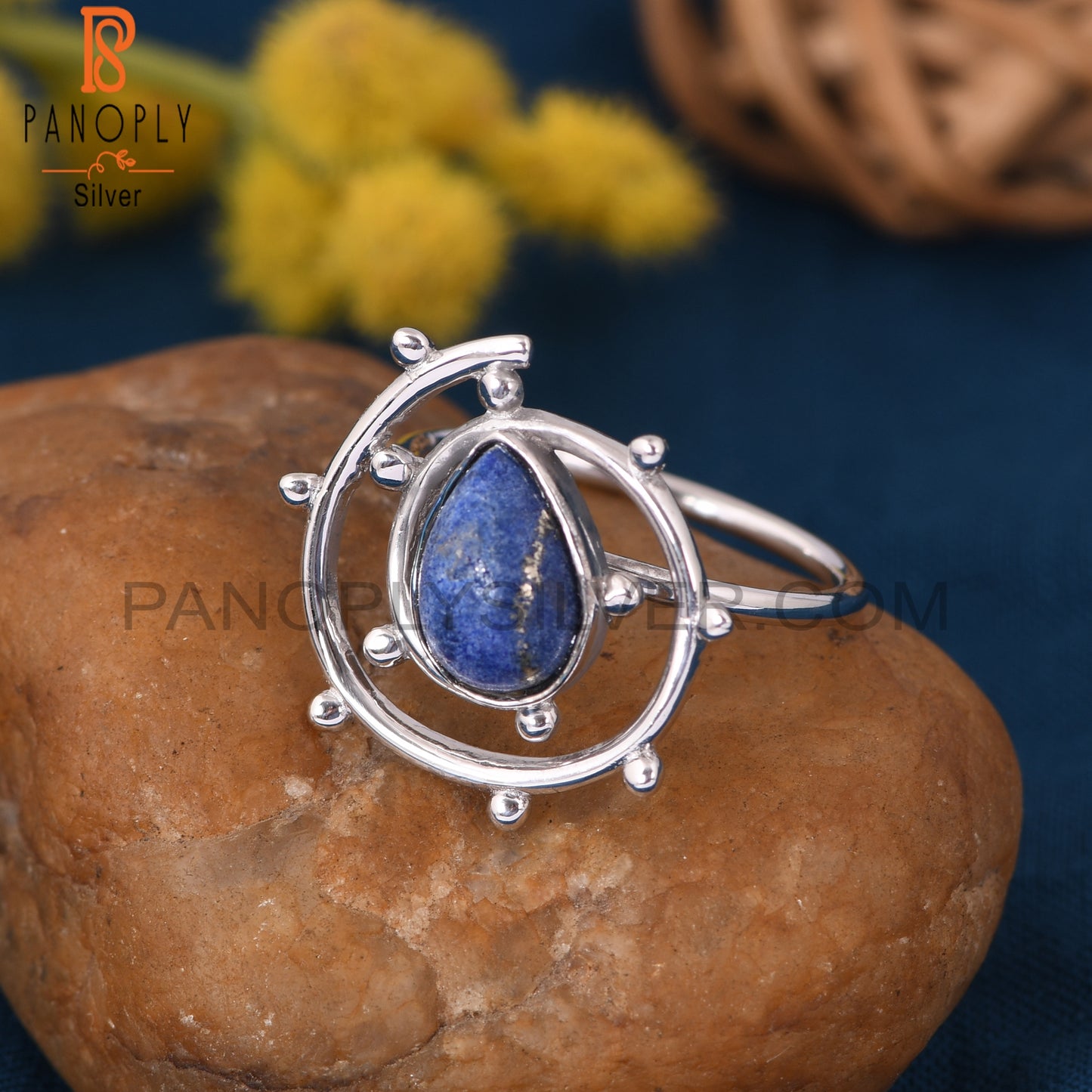 Lapis Lazuli 925 Silver Unique White Rhodium Ring