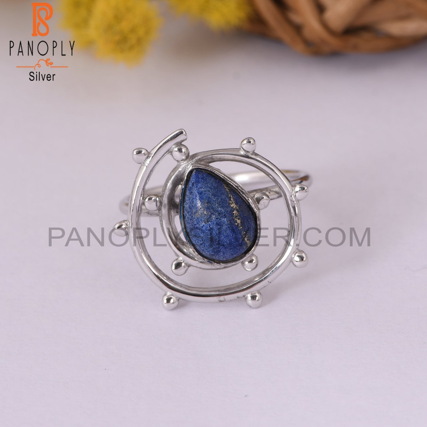 Lapis Lazuli 925 Silver Unique White Rhodium Ring