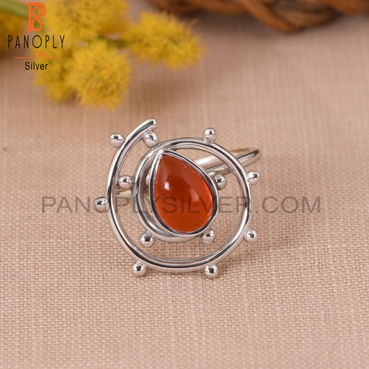 Carnelian Chalcedony Gem White Rhodium 925 Hurricane Ring