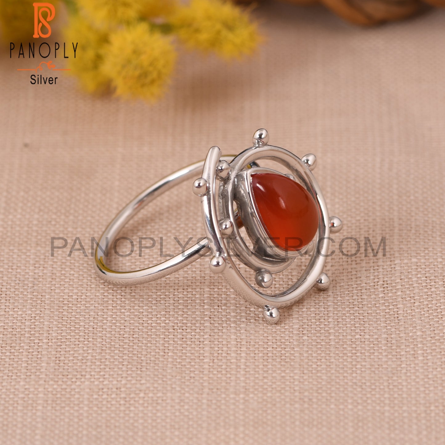 Carnelian Chalcedony Gem White Rhodium 925 Hurricane Ring