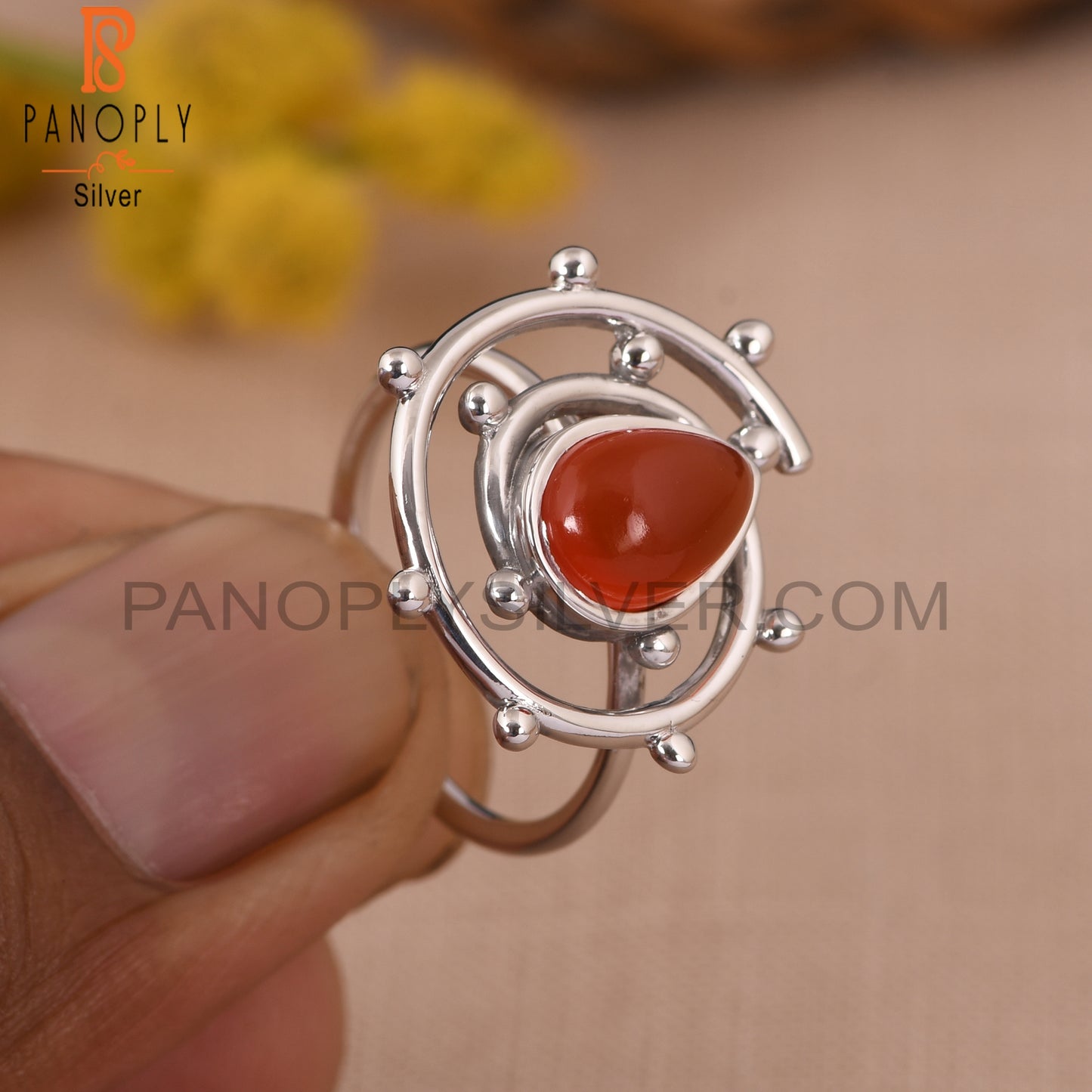 Carnelian Chalcedony Gem White Rhodium 925 Hurricane Ring