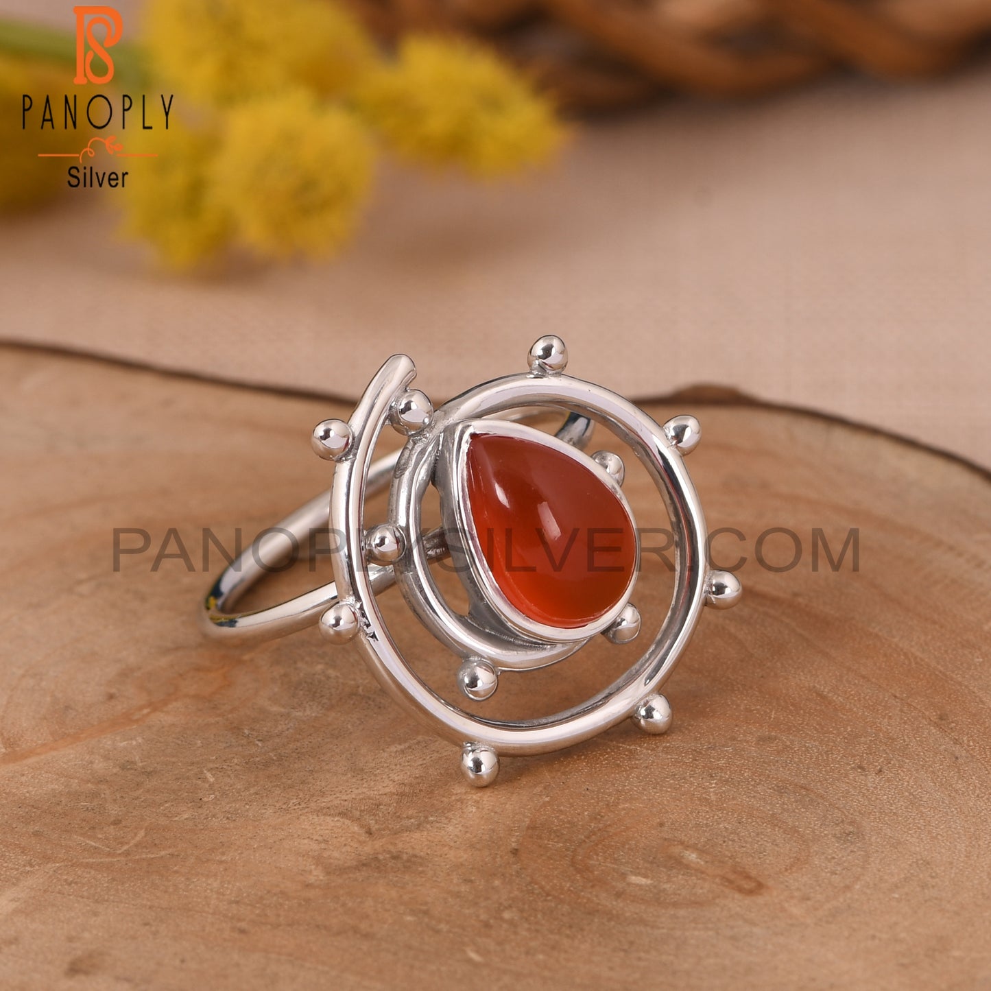 Carnelian Chalcedony Gem White Rhodium 925 Hurricane Ring