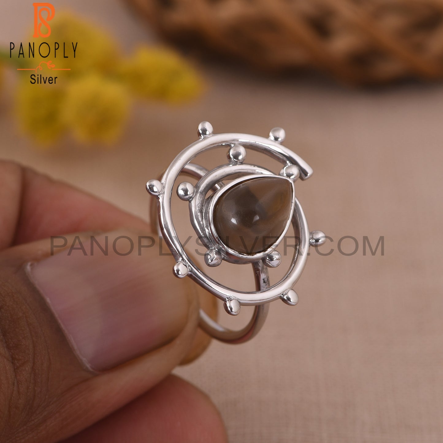 Smoky Quartz Gem 925 Sterling Silver Pear Cocktail Ring