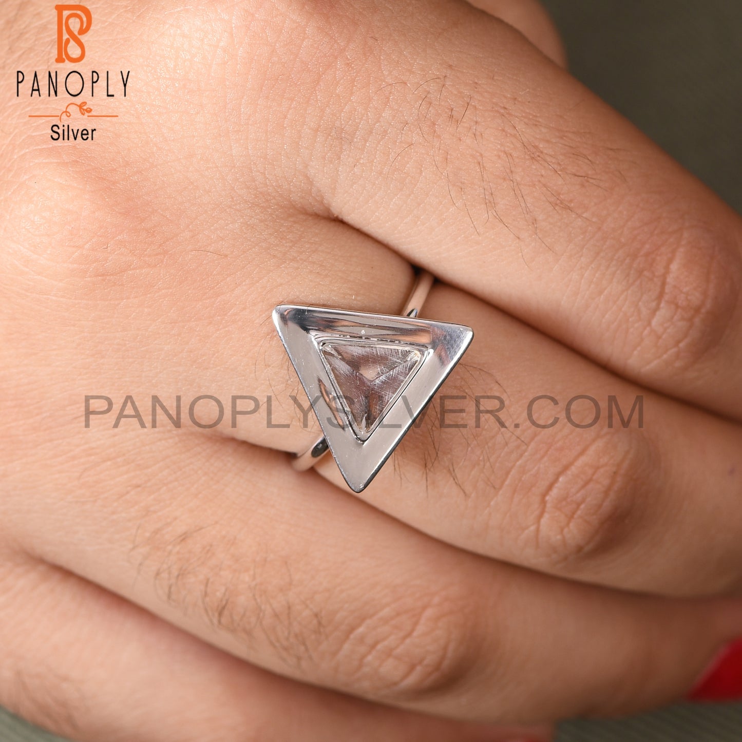 Clear Crystal Quartz Triangle Design 925 Silver Ring Jewelry