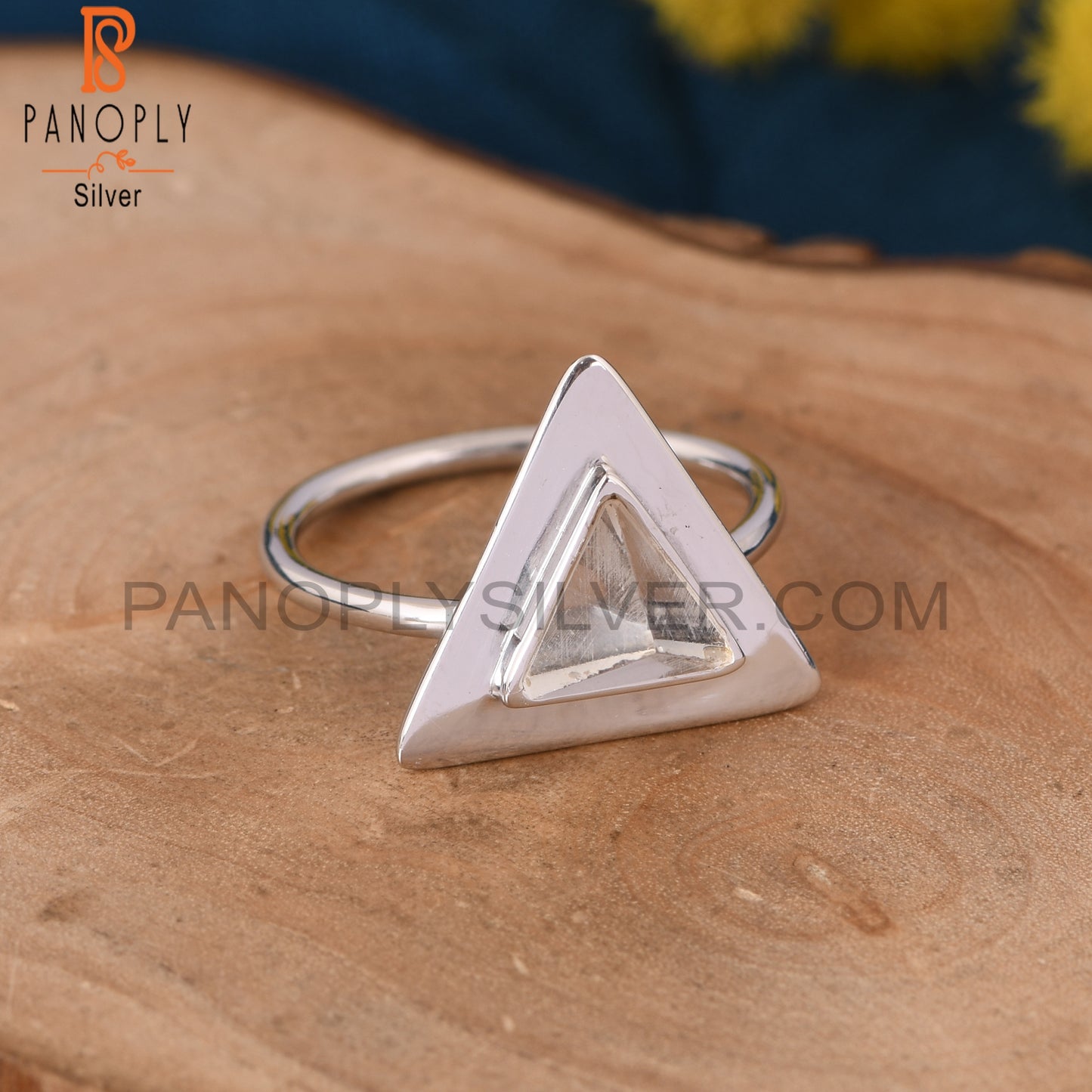 Clear Crystal Quartz Triangle Design 925 Silver Ring Jewelry