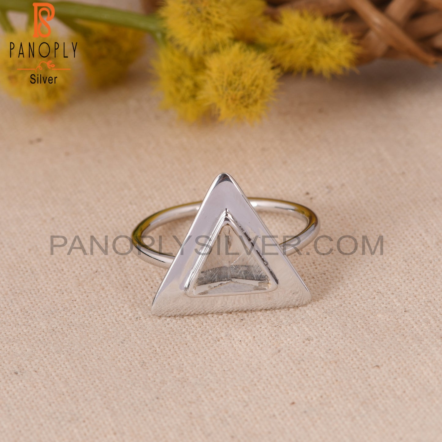 Clear Crystal Quartz Triangle Design 925 Silver Ring Jewelry