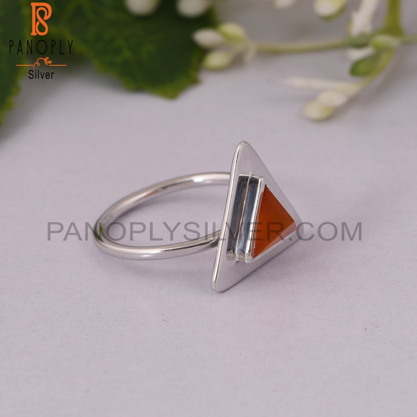 Carnilian Chalcedony Gemstone 925 Silver Triangle Ring