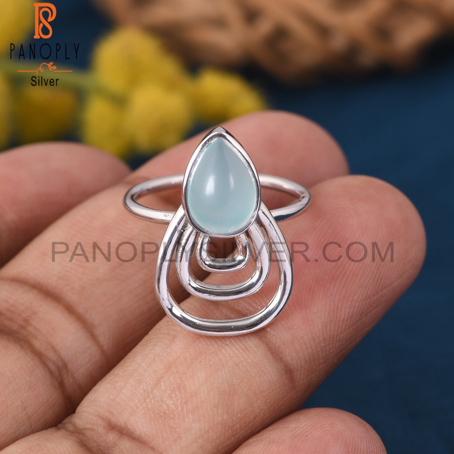 Aqua Chalcedony Gemstone 925 Silver Pear Shape Ring