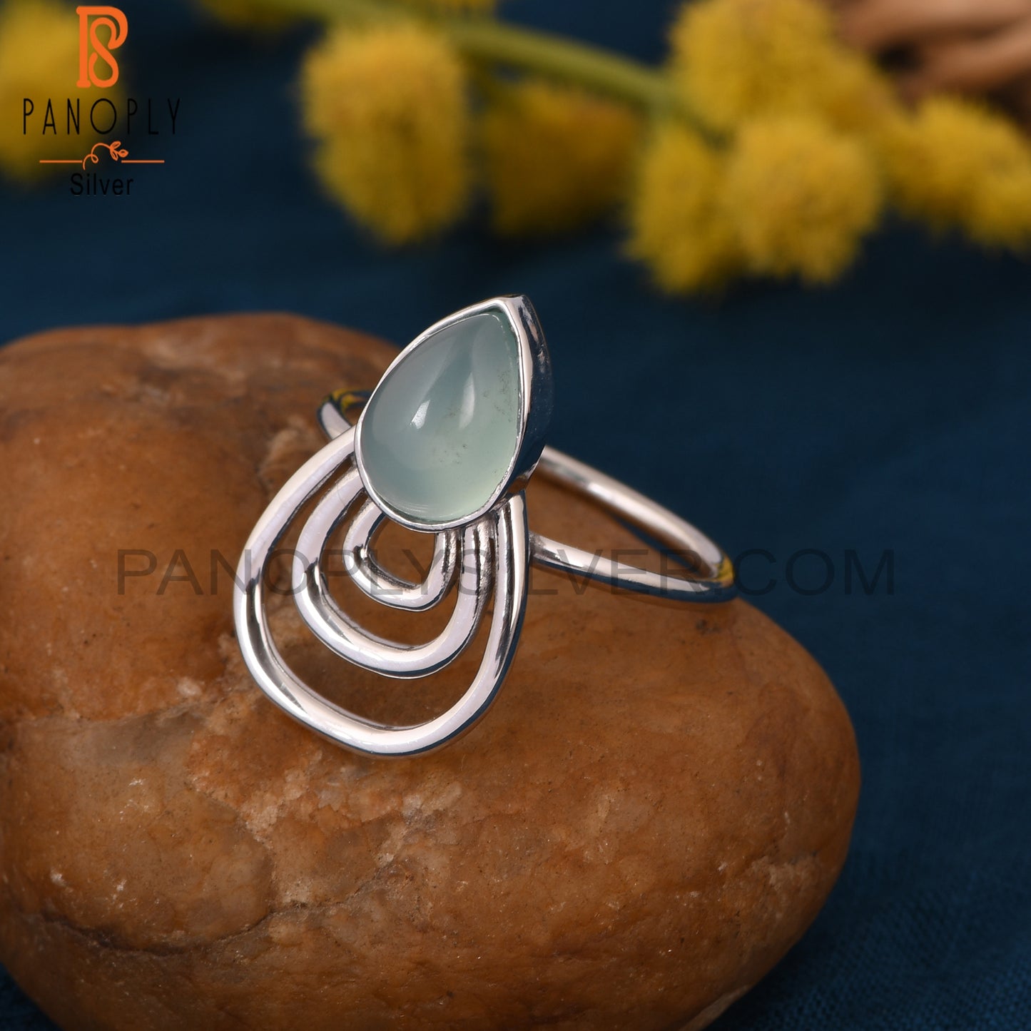Blue Chalcedony Gemstone Pear Shape 925 Silver Ring