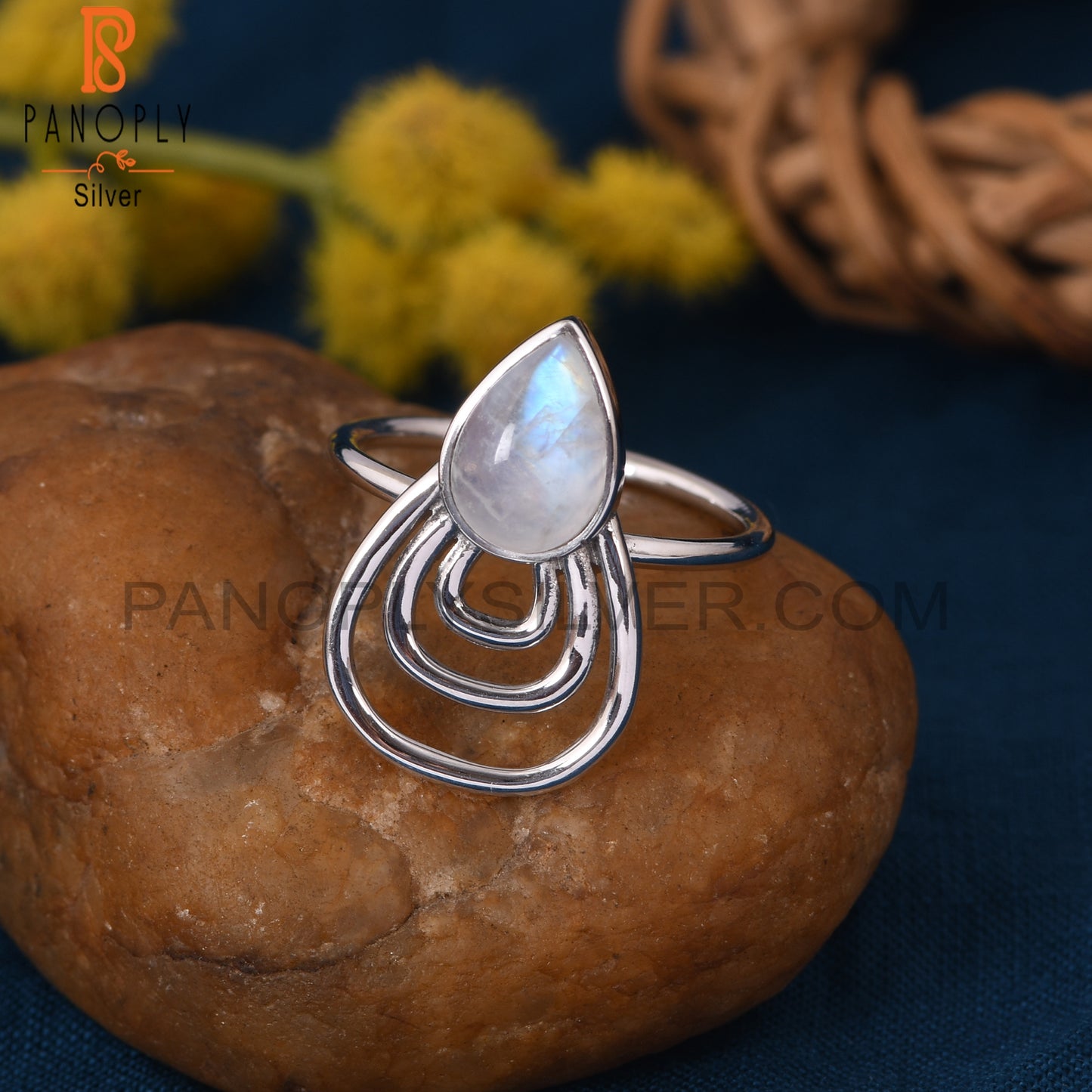 Rainbow Moonstone 925 Sterling Silver Pear Shape Ring