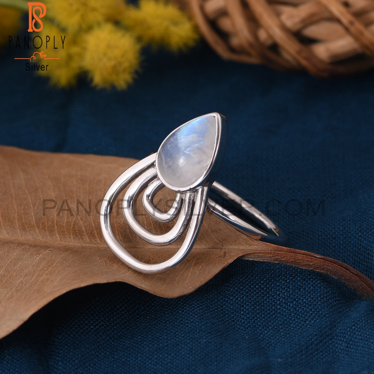 Rainbow Moonstone 925 Sterling Silver Pear Shape Ring