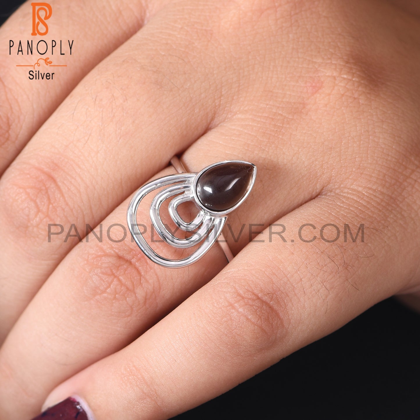 Smoky Quartz Pear 925 Silver White Rhoudim Plated Ring