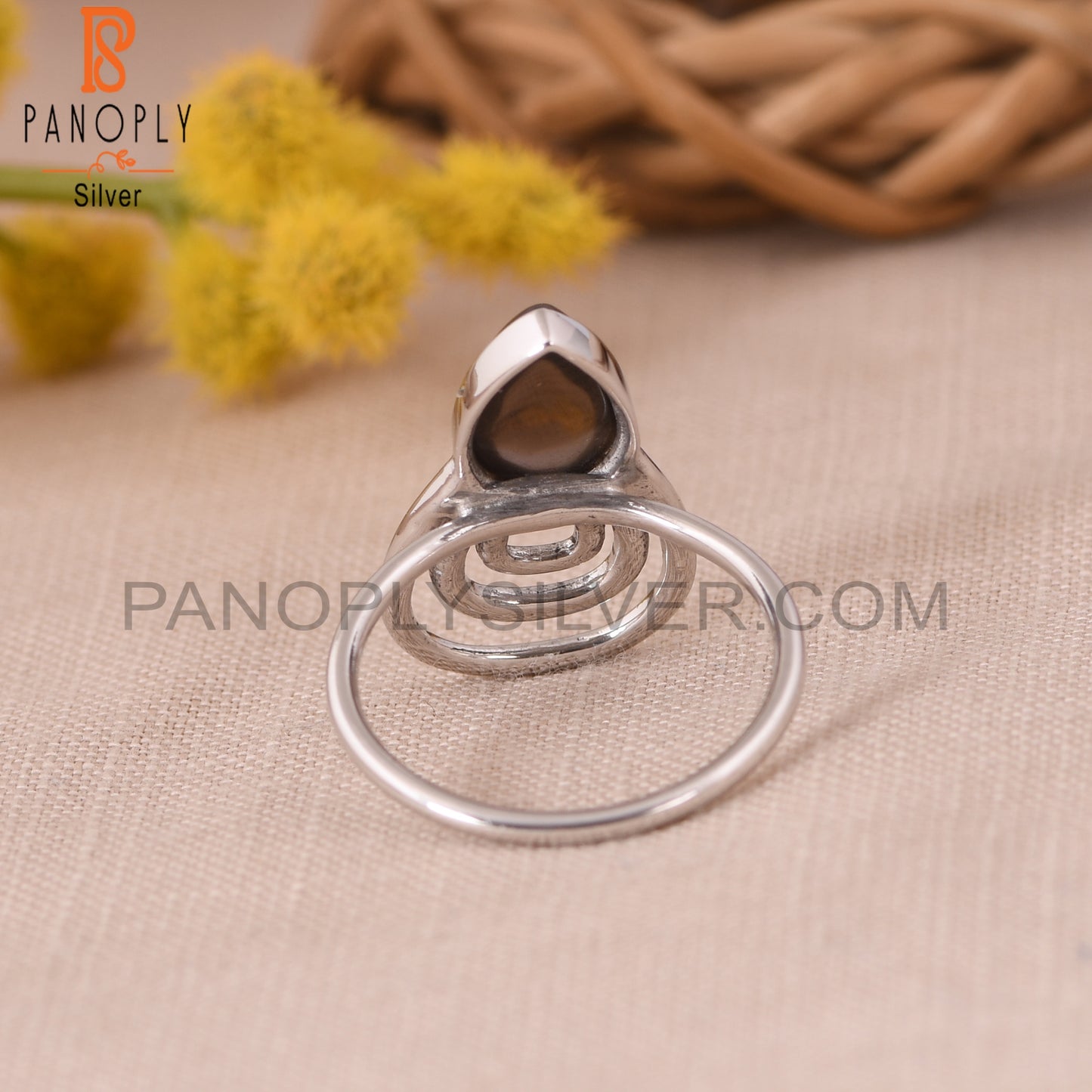 Smoky Quartz Pear 925 Silver White Rhoudim Plated Ring