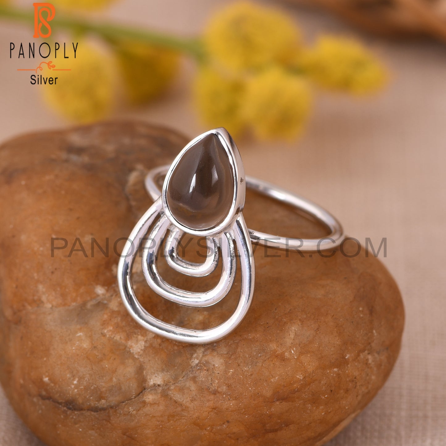 Smoky Quartz Pear 925 Silver White Rhoudim Plated Ring