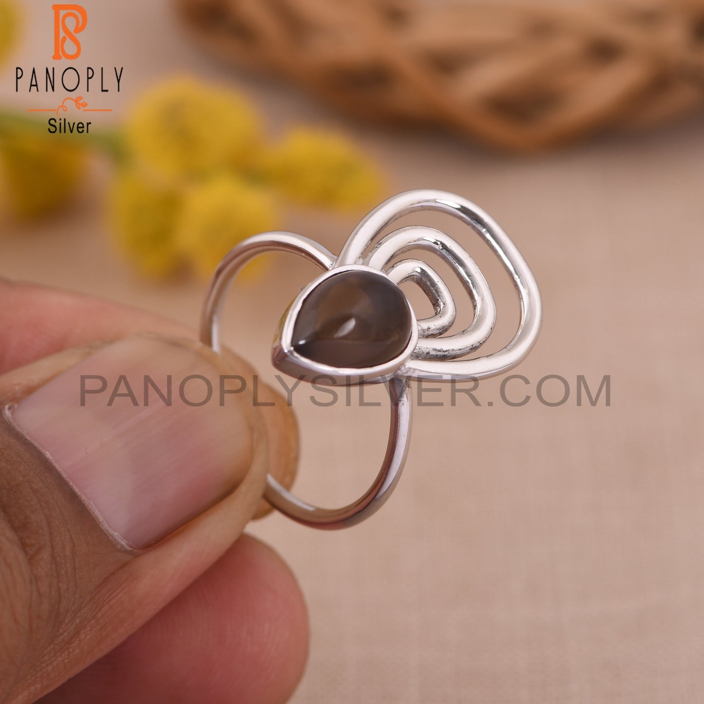 Smoky Quartz Pear 925 Silver White Rhoudim Plated Ring