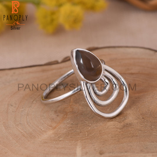 Smoky Quartz Pear 925 Silver White Rhoudim Plated Ring