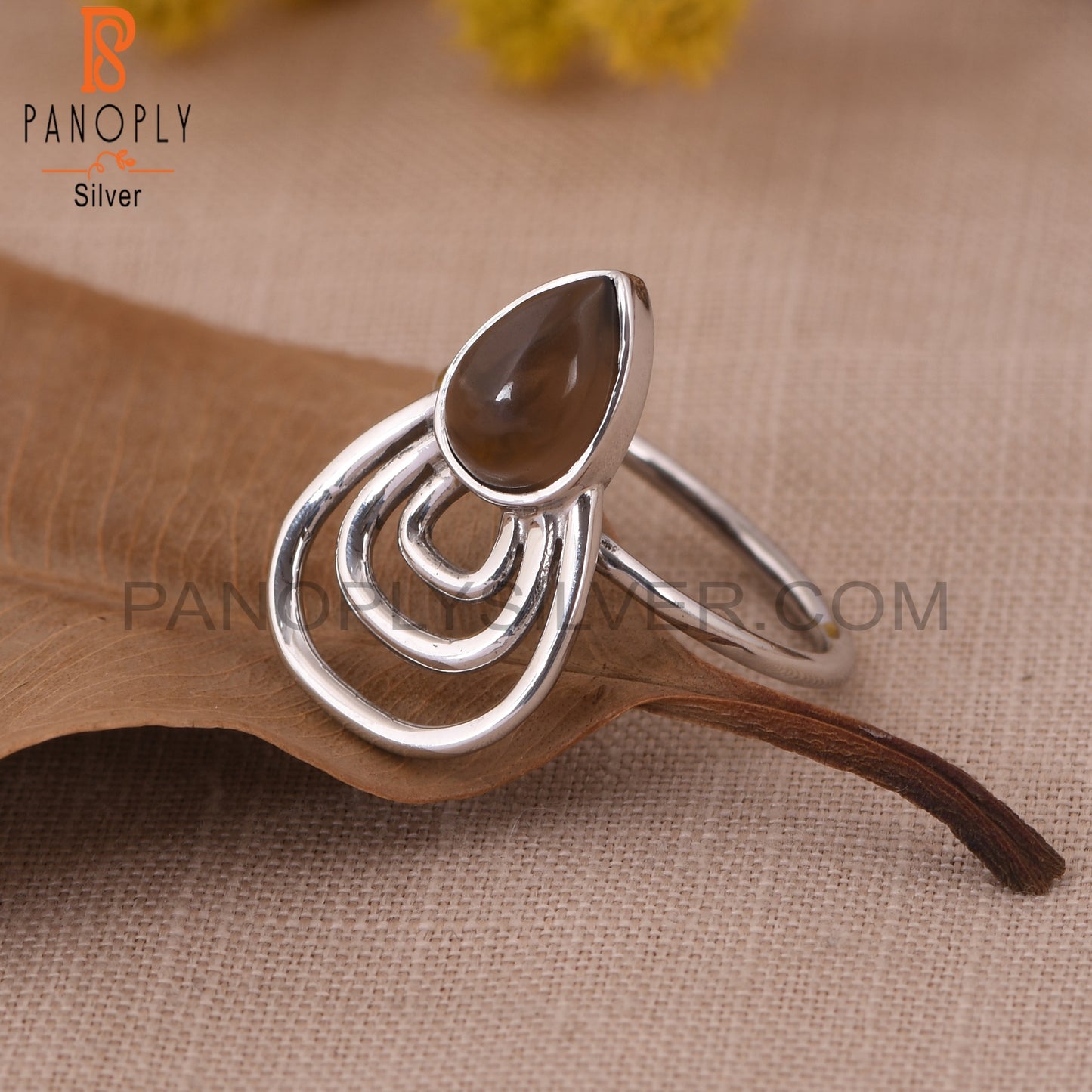 Smoky Quartz Pear 925 Silver White Rhoudim Plated Ring