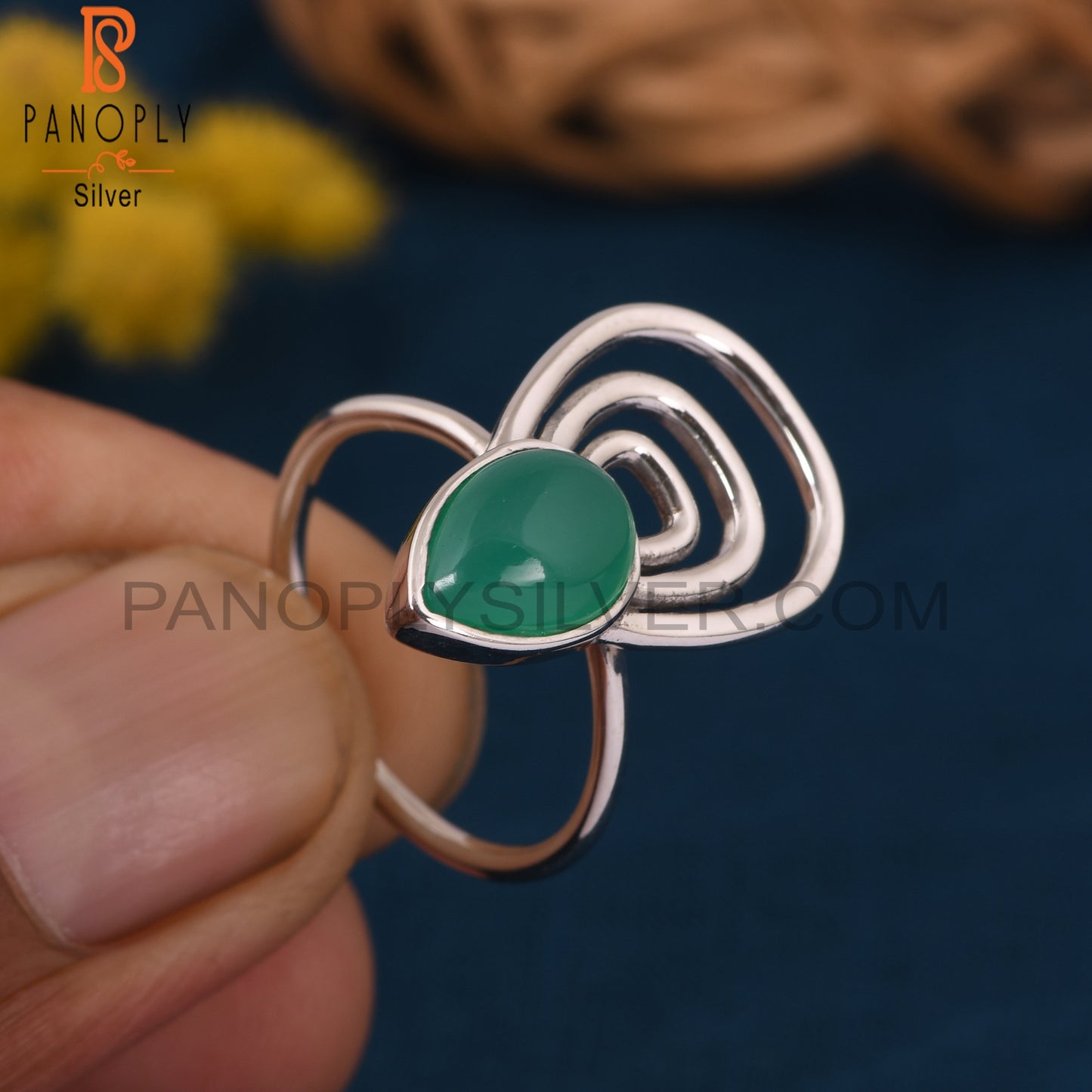 Green Onyx Gemstone 925 Sterling Silver White Rhoudim Ring