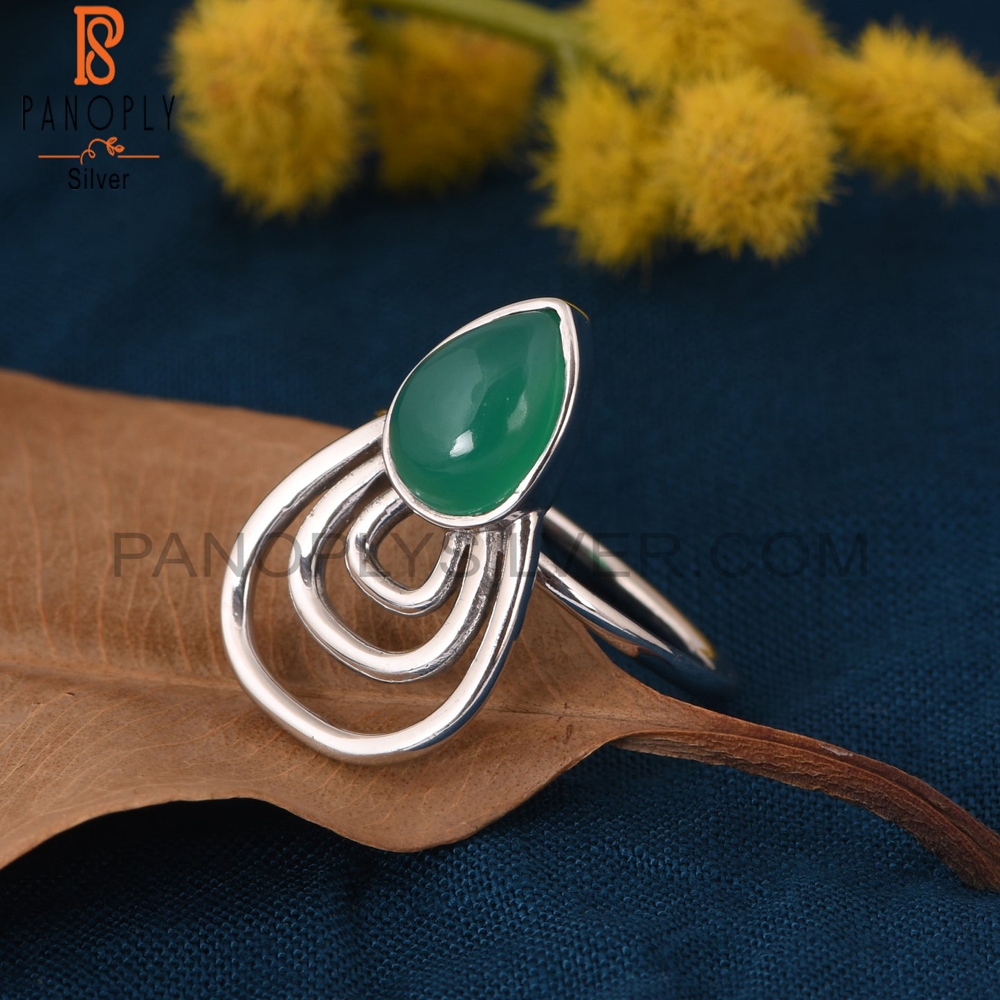 Green Onyx Gemstone 925 Sterling Silver White Rhoudim Ring