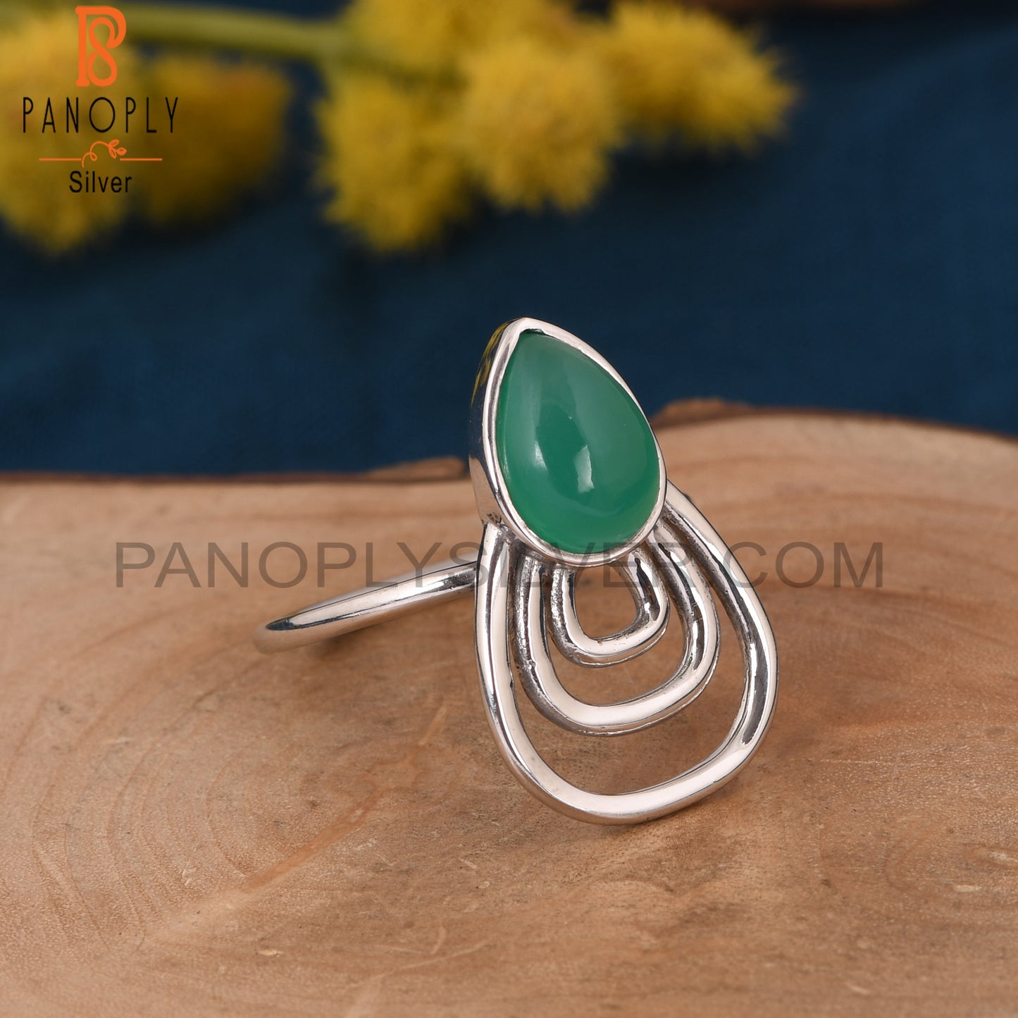 Green Onyx Gemstone 925 Sterling Silver White Rhoudim Ring