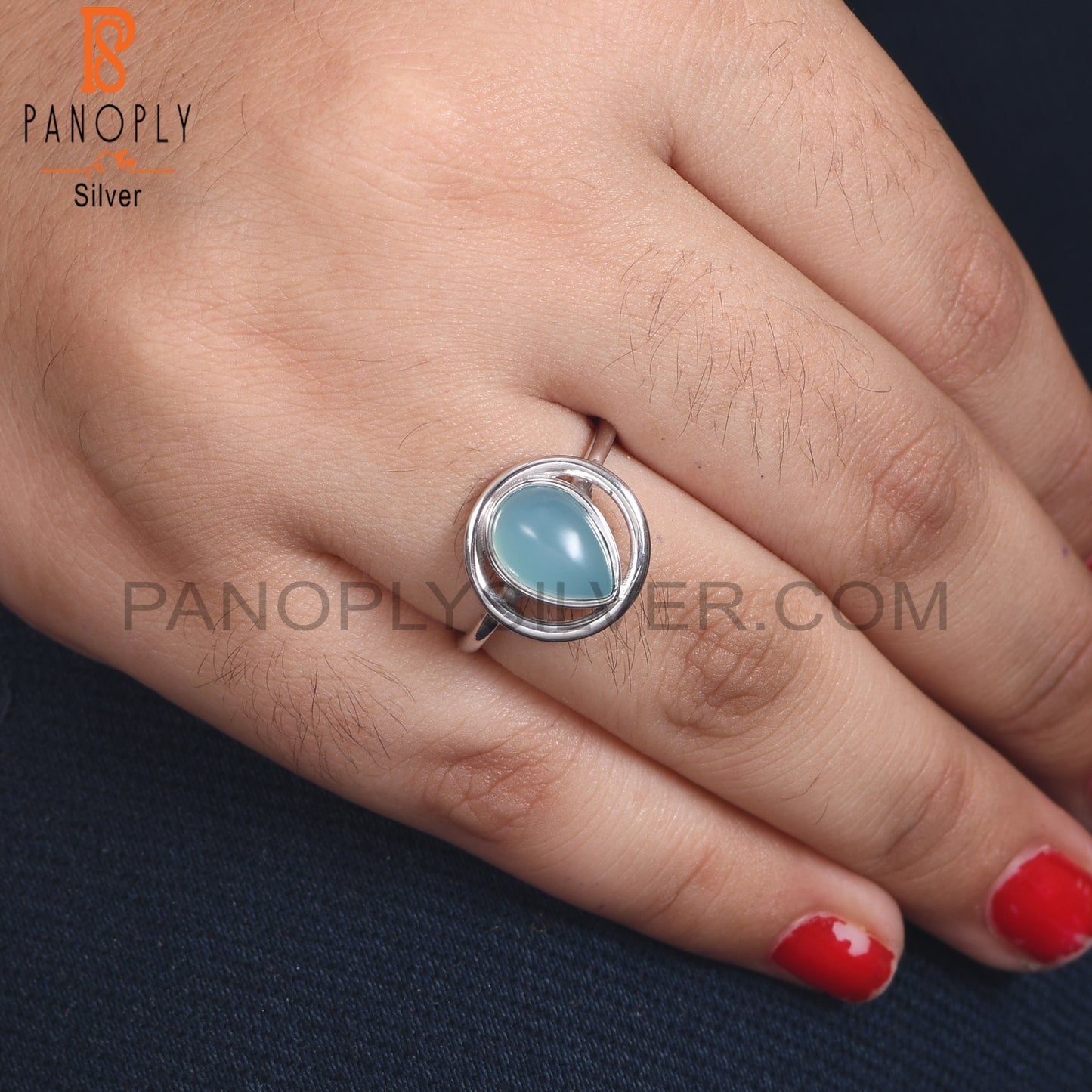 Blue Chalcedony 925 Stamp Pear Shape Engagement Ring