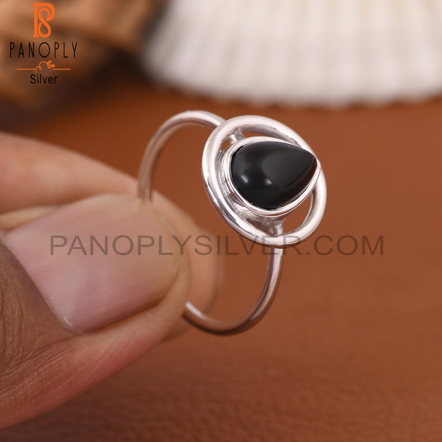 Black Onyx Cabushion Cut Pear Shape 925 Silver Ring