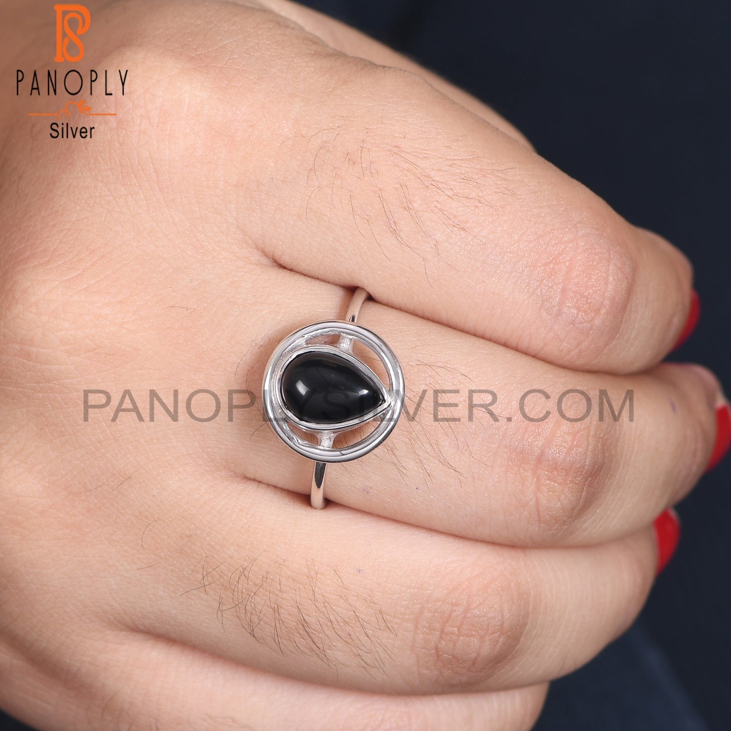 Black Onyx Cabushion Cut Pear Shape 925 Silver Ring