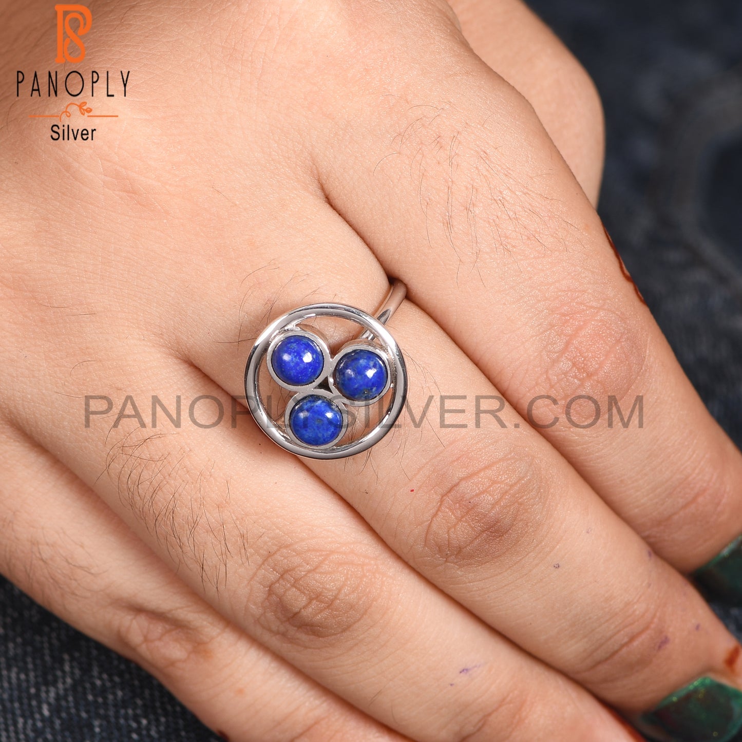 Tree Stone Lapis Lazuli 925 Silver Circle Rings