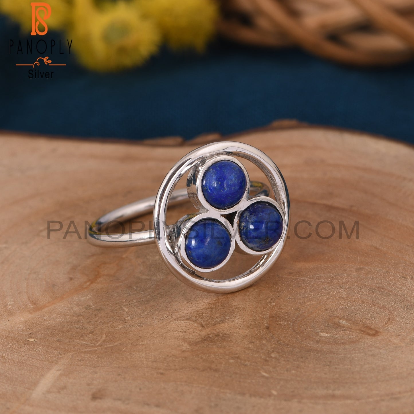 Tree Stone Lapis Lazuli 925 Silver Circle Rings