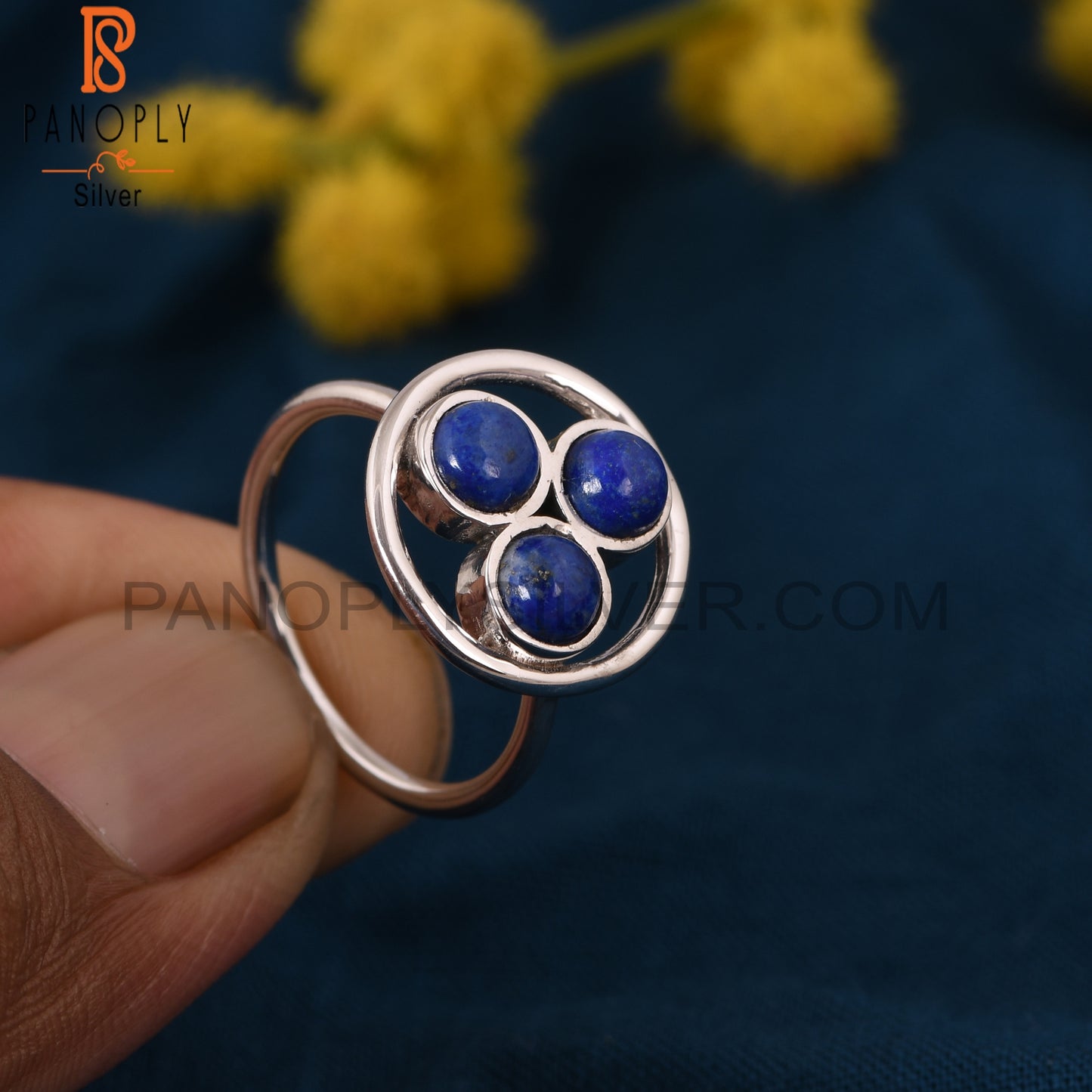 Tree Stone Lapis Lazuli 925 Silver Circle Rings