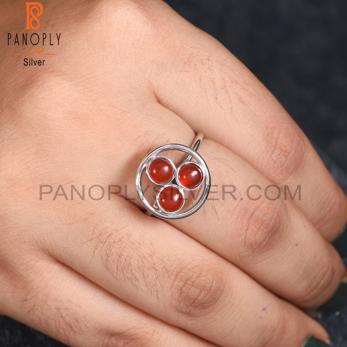 Red Onyx White Rhodium Plating Round Shape Rings