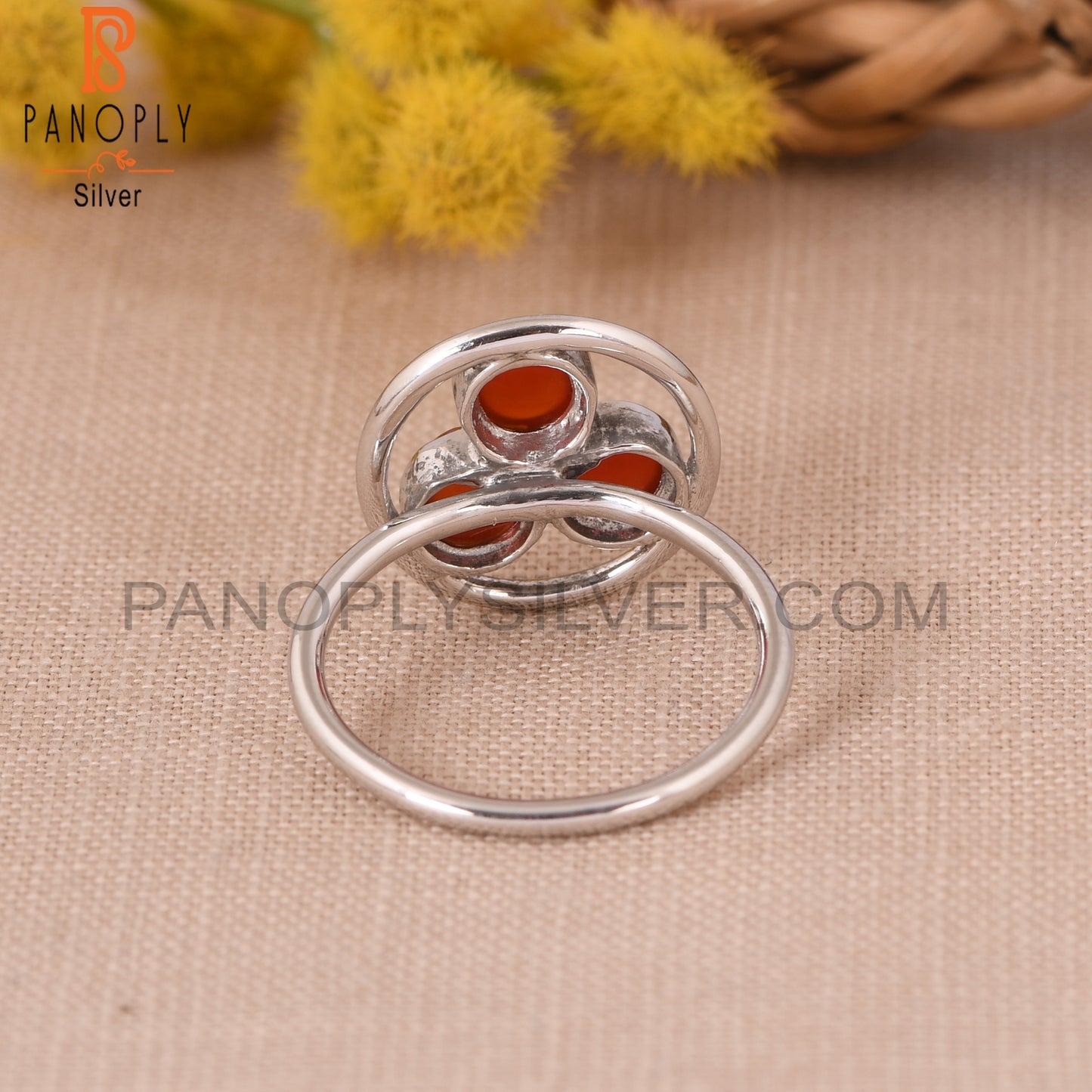 Red Onyx White Rhodium Plating Round Shape Rings