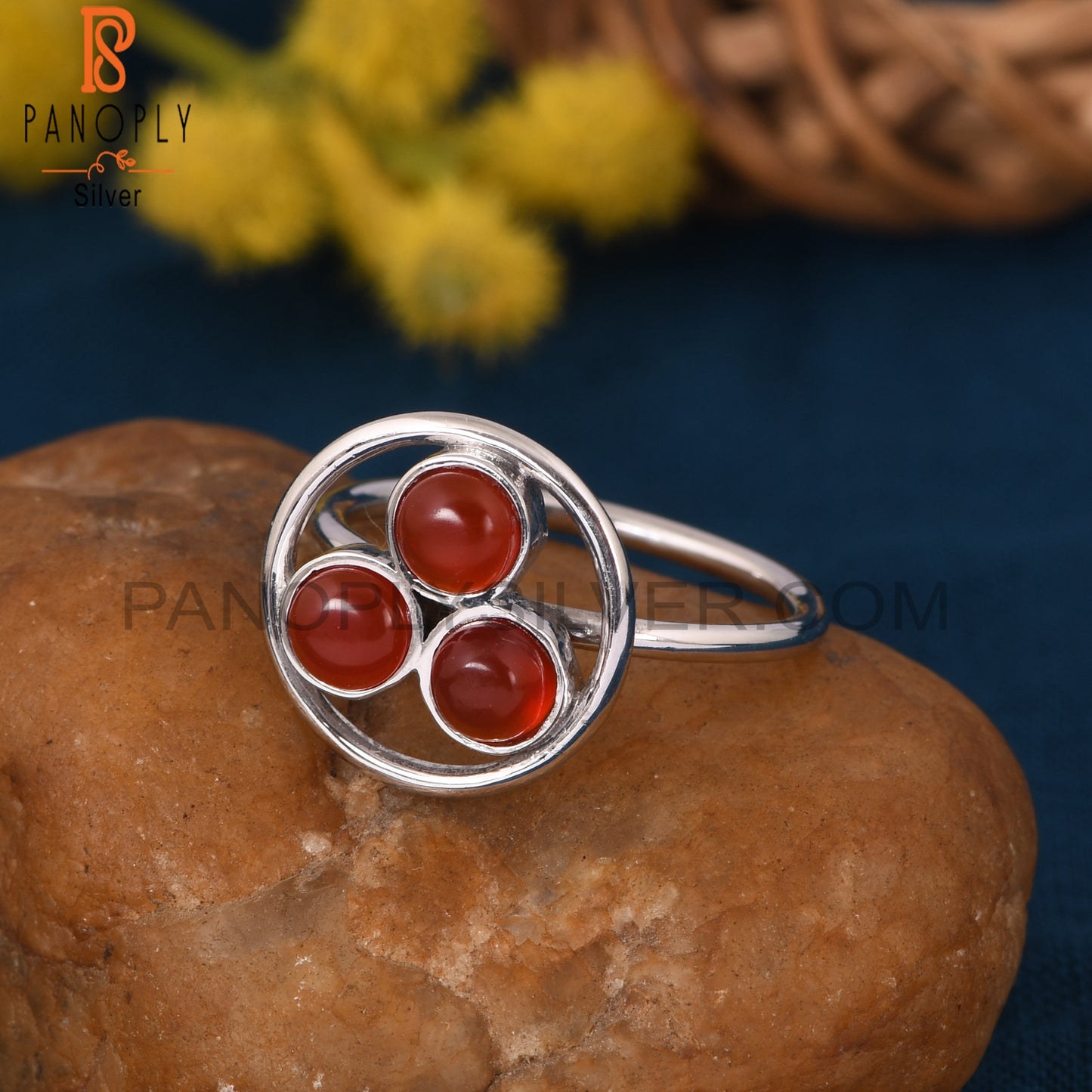 Red Onyx White Rhodium Plating Round Shape Rings