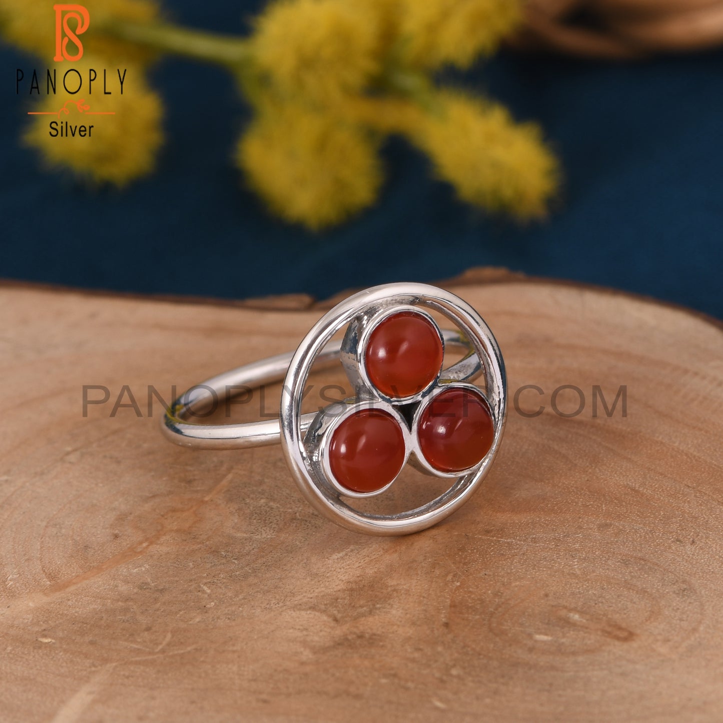Red Onyx White Rhodium Plating Round Shape Rings