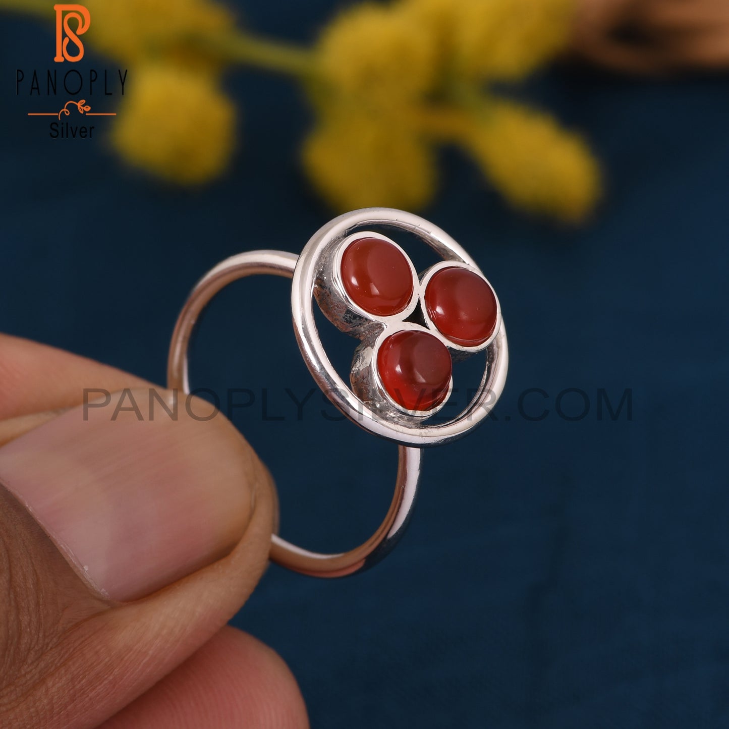 Red Onyx White Rhodium Plating Round Shape Rings