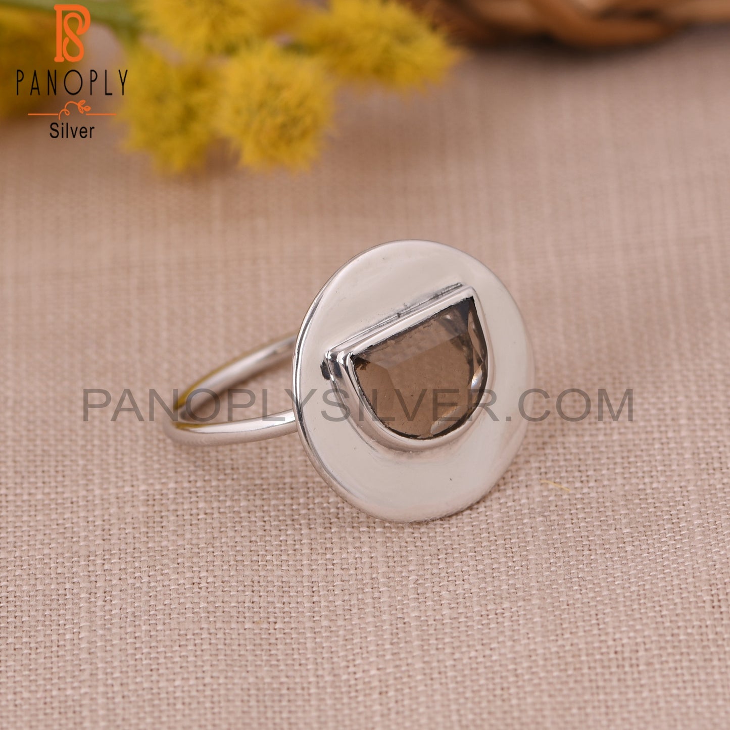 Smoky Quartz D shape 925 Sterling Silver Rings