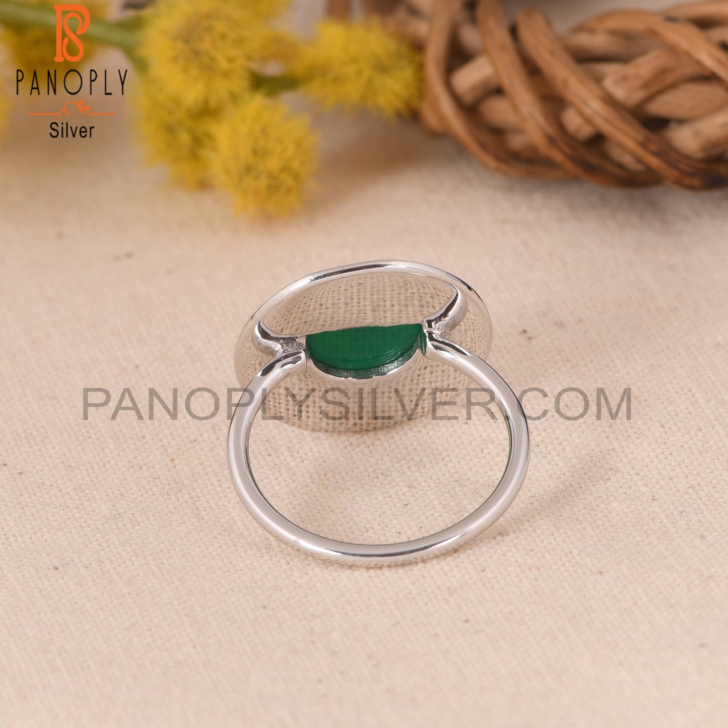 D Shape Green Onyx 925 Sterling Silver Rings