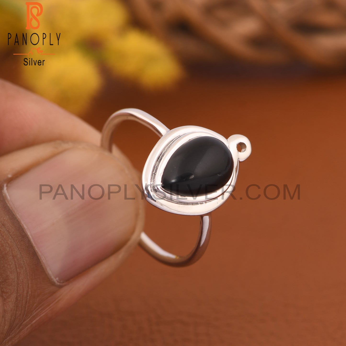 Black Onyx Gemstone 925 Silver Pear Onyx Rings