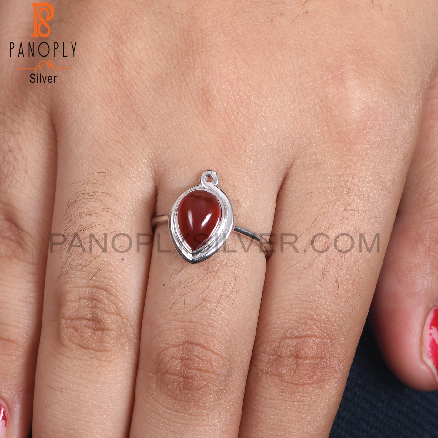 Pear Red Onyx Gem 925 Sterling Silver Rings