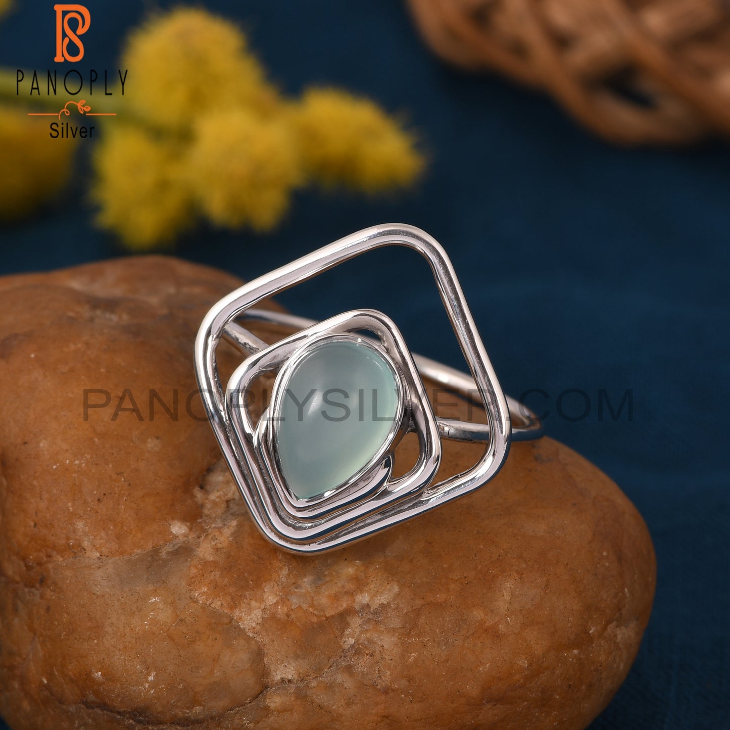 Aqua 925 Silver Chalcedony Square & Pear Shape Rings