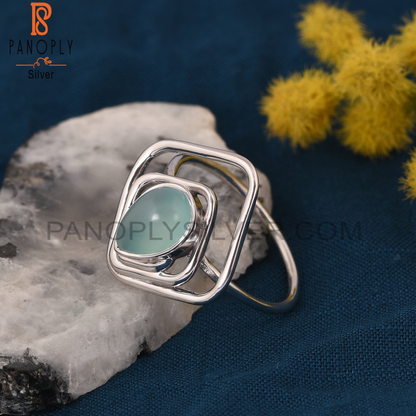 Aqua 925 Silver Chalcedony Square & Pear Shape Rings