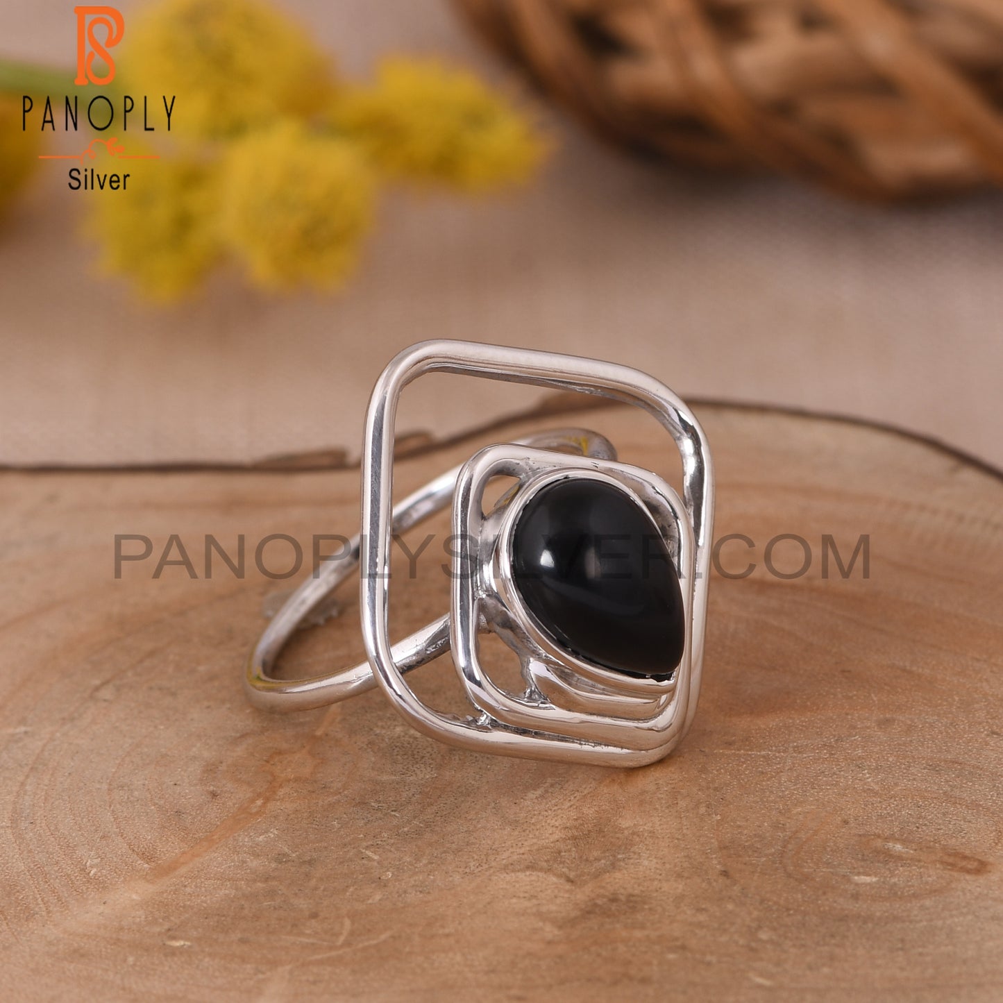 Natural Black Onyx 925 Sterling Silver Square Rings