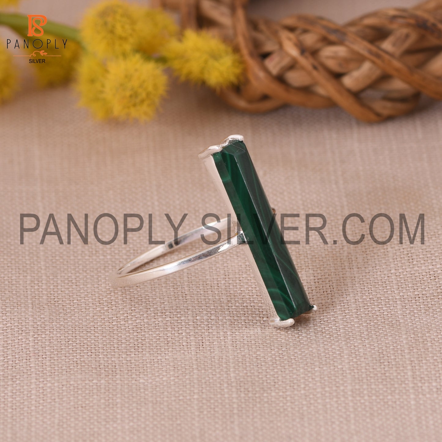 Malachite Gemstone 925 Sterling Silver Bar Ring