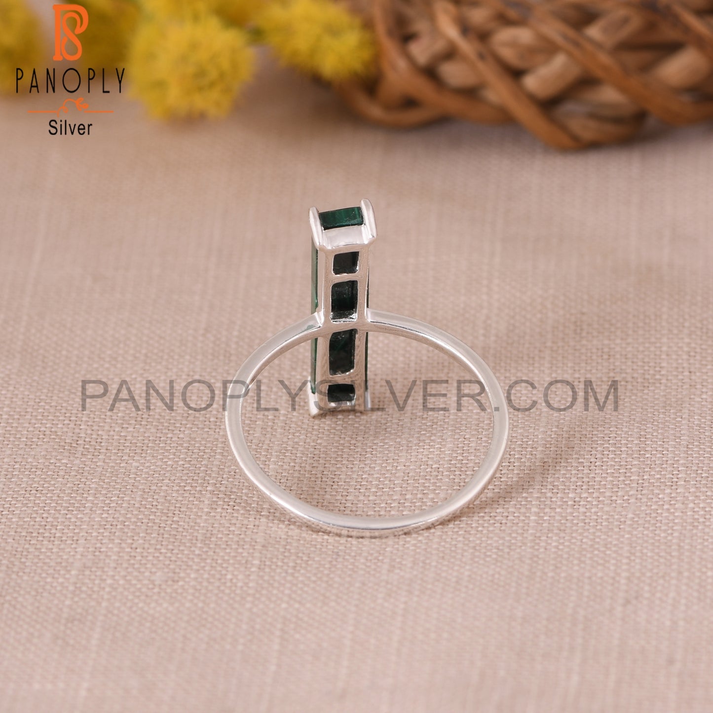 925 Sterling Silver Malachite Rectangle Bar Rings