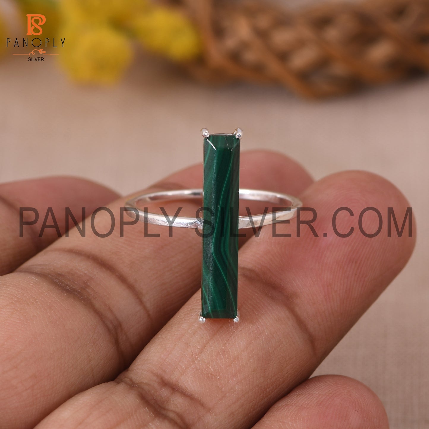 Malachite Gemstone 925 Sterling Silver Bar Ring