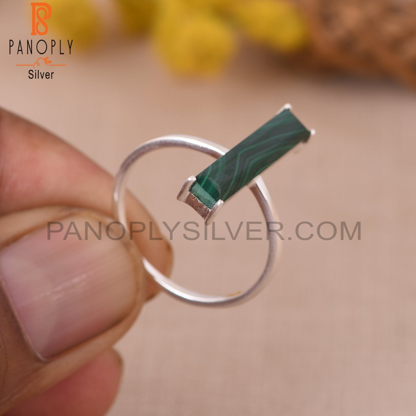 925 Sterling Silver Malachite Rectangle Bar Rings