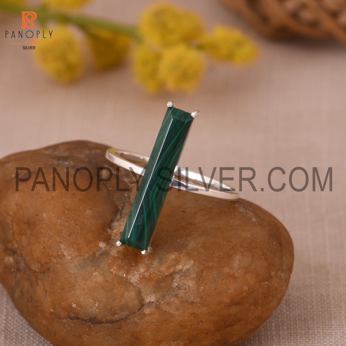 Malachite Gemstone 925 Sterling Silver Bar Ring