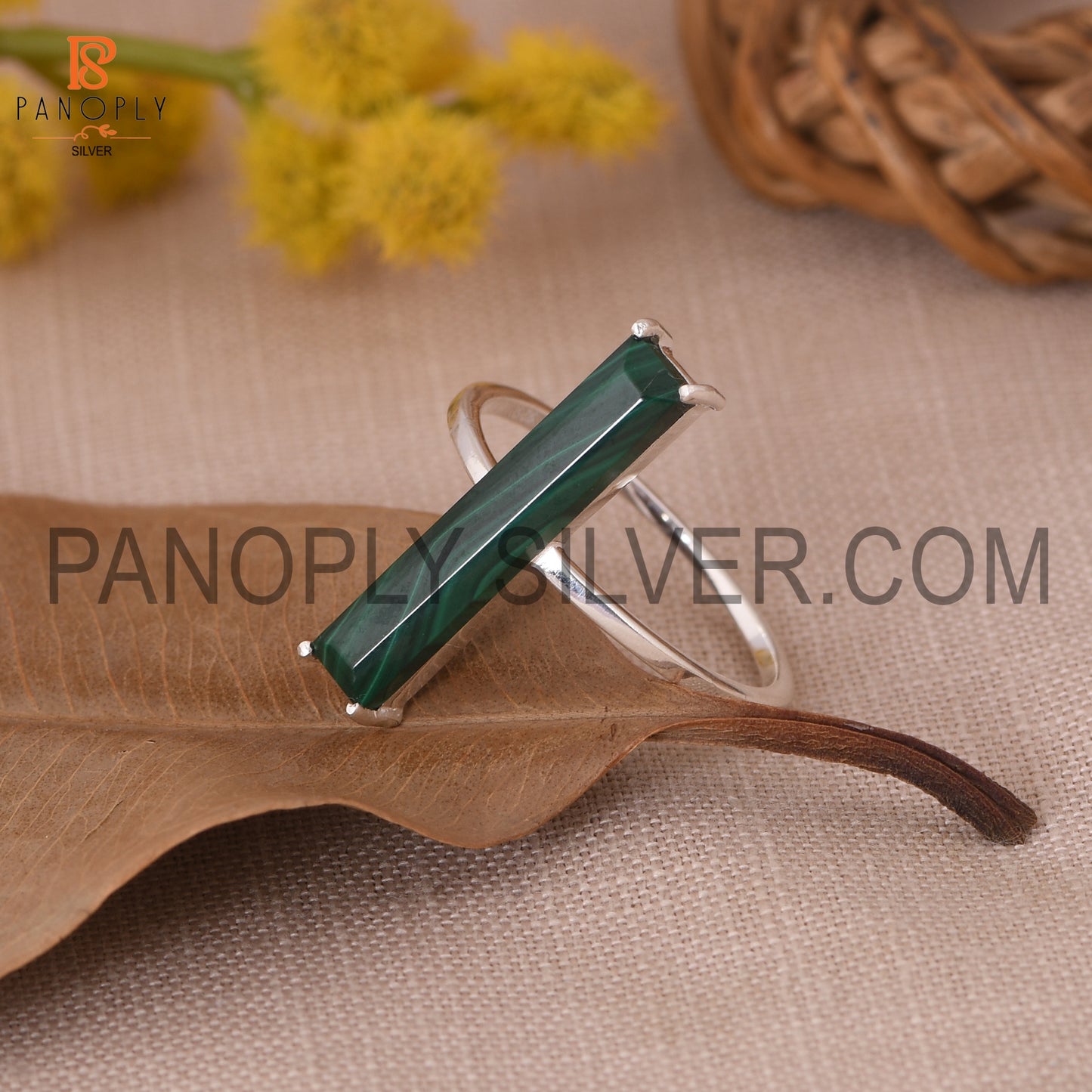 Malachite Gemstone 925 Sterling Silver Bar Ring