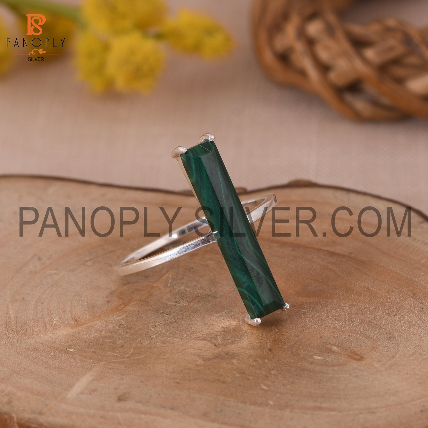 Malachite Gemstone 925 Sterling Silver Bar Ring