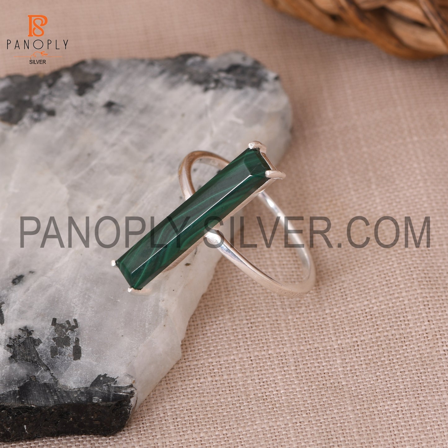 Malachite Gemstone 925 Sterling Silver Bar Ring